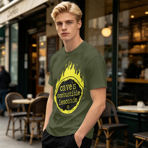 Olive t-shirt with cave's combustible lemonade flame graphic