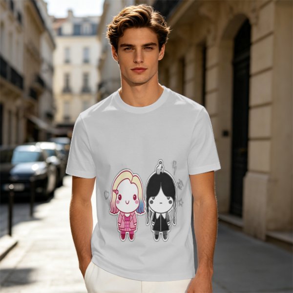 Olive T-Shirt with Chibi Wednesday Addams and Enid Sinclair Print