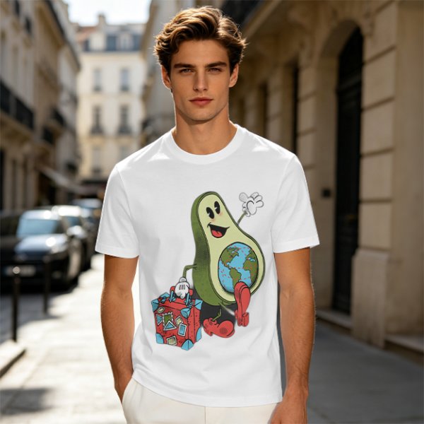Olive T-Shirt with Cartoon Avocado Globe Travel Print