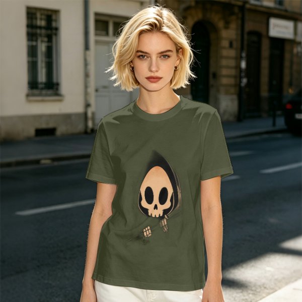 Olive T-shirt with Cute Grim Reaper Skull Graphic