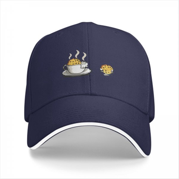 Black Baseball Cap with Coffee and Cookie Graphic Design