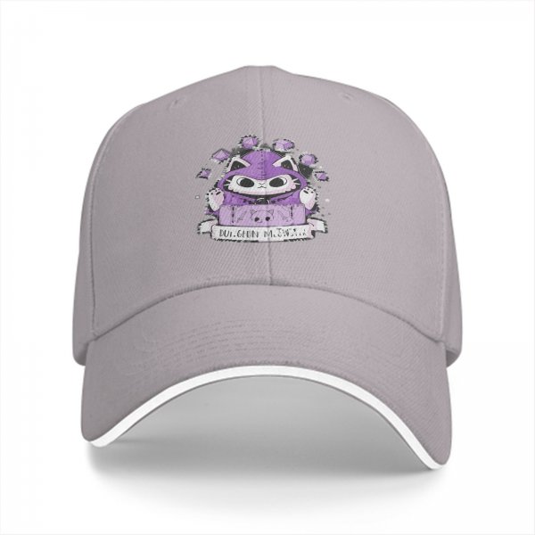 Black baseball cap with purple wizard cat and dice graphic