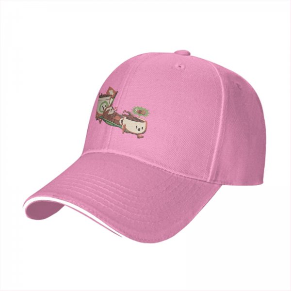 Black baseball cap with playful anthropomorphic coffee cups graphic