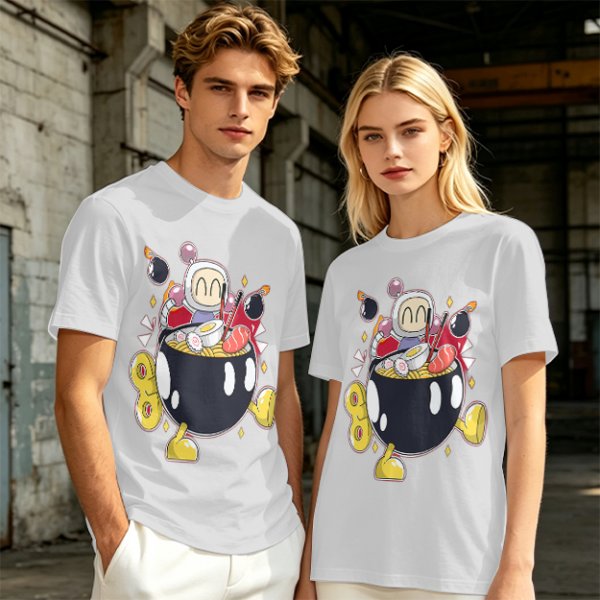Olive T-shirt with Bomberman Character Eating Ramen Print