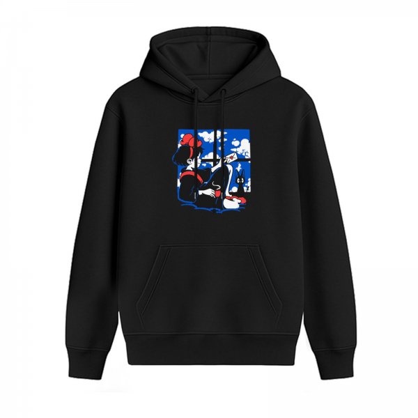 Black hoodie with anime witch and cat window print