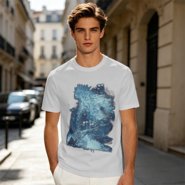 Olive Green T-Shirt With Abstract Blue Water-Inspired Print