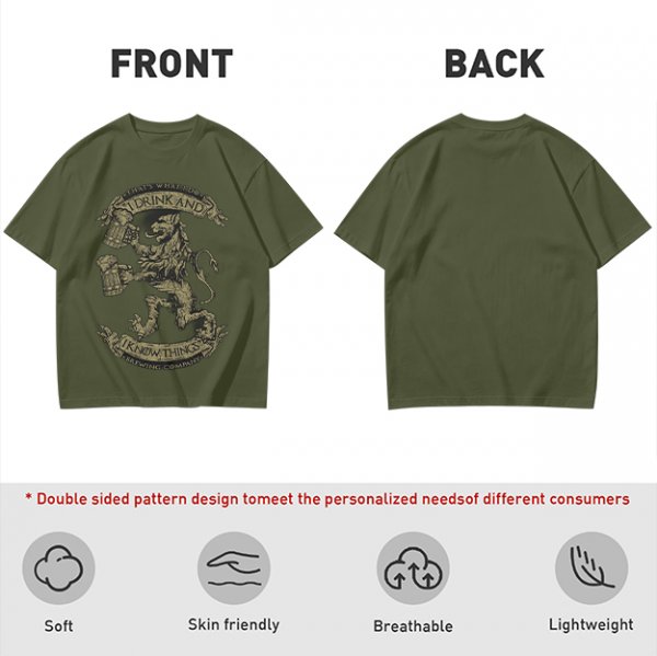 Olive T-shirt with 'I Drink And I Know Things' Lion Beer Graphic