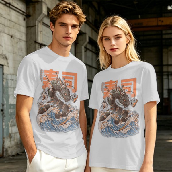 Olive T-shirt with Sushi Dragon Wave Graphic Print