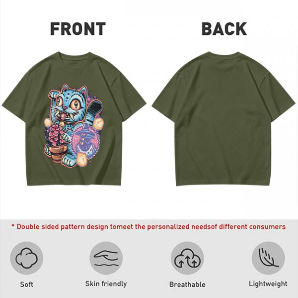 Olive T-Shirt With Maneki-Neko Sabertooth Cat And Crow Art