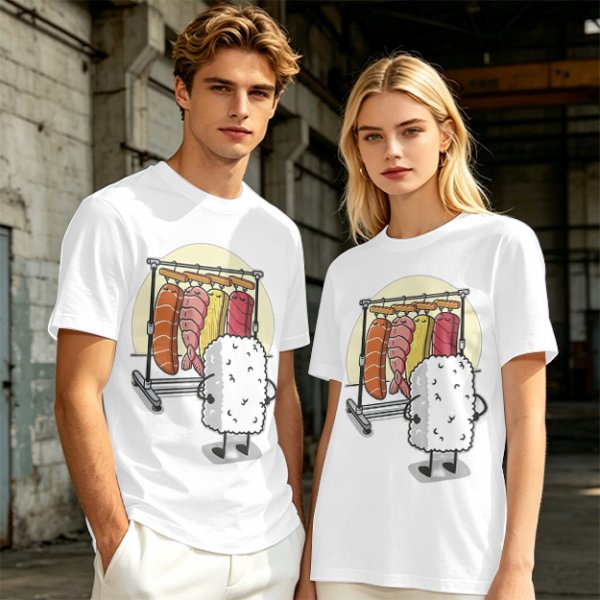 Olive T-Shirt With Funny Sushi Laundry Rack Graphic