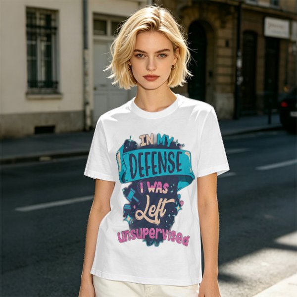 Olive t-shirt with 'In My Defense I Was Left Unsupervised' graphic