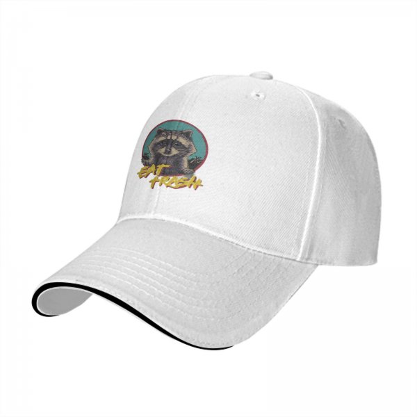 Black baseball cap with raccoon graphic and 'Eat Trash' text
