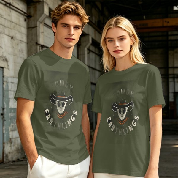 Olive t-shirt with alien cowboy howdy earthlings graphic