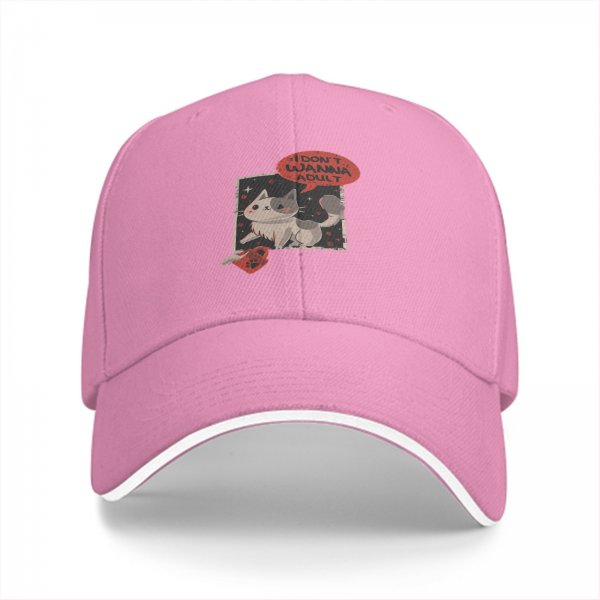 Black baseball cap with 'I don't wanna adult' cat graphic
