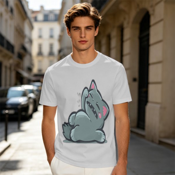 Olive T-Shirt With Embarrassed Gray Cat Graphic Print