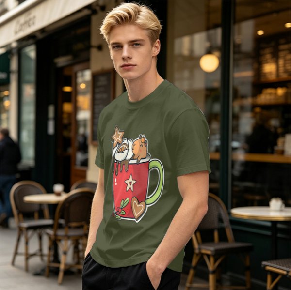 Olive T-Shirt With Cute Capybara In Christmas Hot Cocoa Mug Print
