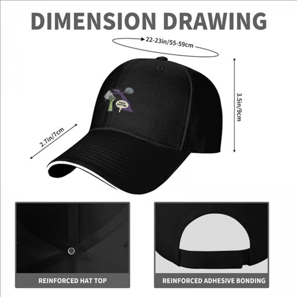 Black baseball cap with 'More Coffee!' monster graphic print
