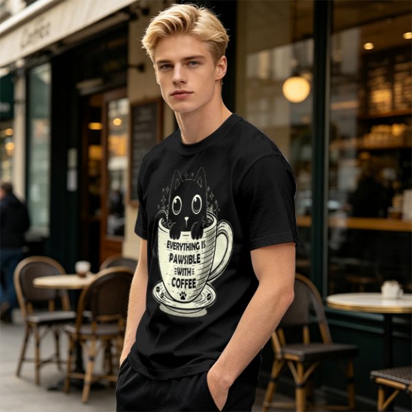 Olive T-Shirt With Black Cat In Coffee Cup 'Everything Is Pawsible With Coffee' Print