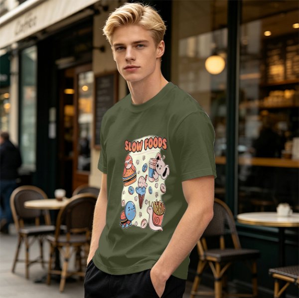 Olive green graphic t-shirt with slow foods animal fast food mashup print