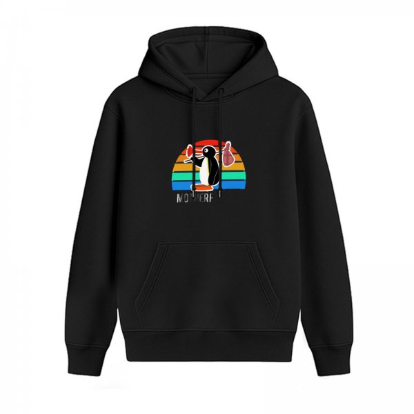 Black hoodie with penguin graphic and retro rainbow stripe design