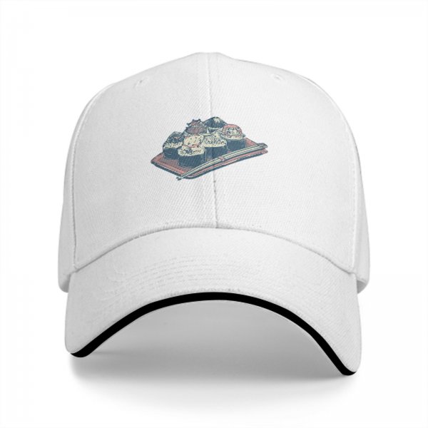 Black Baseball Cap with Sushi Tray Graphic Print