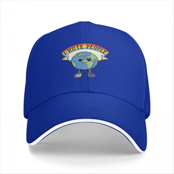 Black baseball cap with cartoon Earth graphic and 'I HATE PEOPLE' text