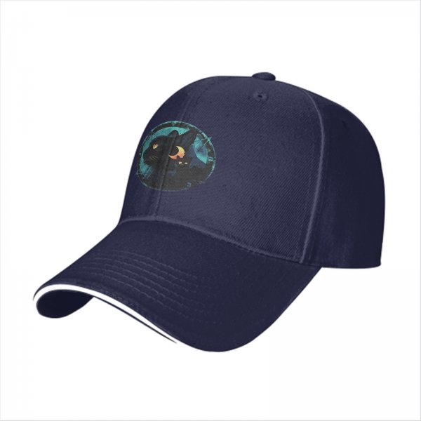 Black Baseball Cap With Mystical Black Cat And Crescent Moon Art
