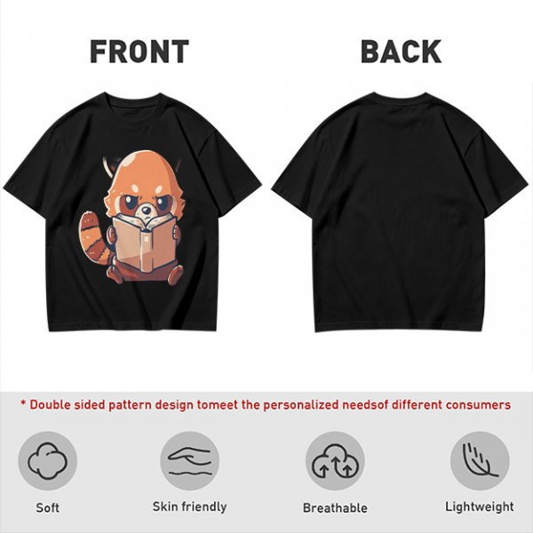 Olive T-Shirt with Cute Red Panda Reading Book Graphic