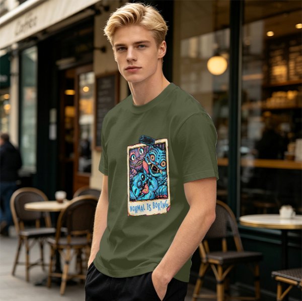 Olive t-shirt with monster polaroid print that says Normal Is Boring