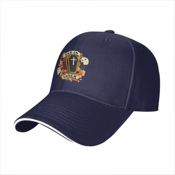 Black baseball cap with coffin ghost floral 'Get In Loser' print