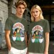 Olive green t-shirt with cat coffee cup graphic and playful text design