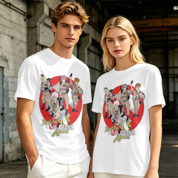 Olive T-shirt with Ghostbusters parody female character graphic print