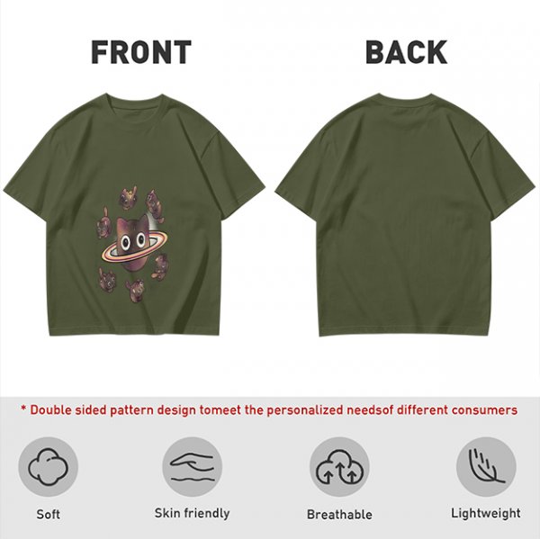Olive T-Shirt With Saturn Cat And Kittens Space Print