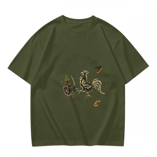 Olive Green T-Shirt With Knight Vs Rooster Fantasy Graphic Print