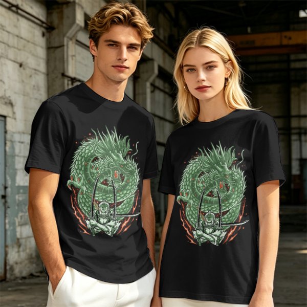 Olive T-shirt with Green Dragon and Samurai Warrior Graphic