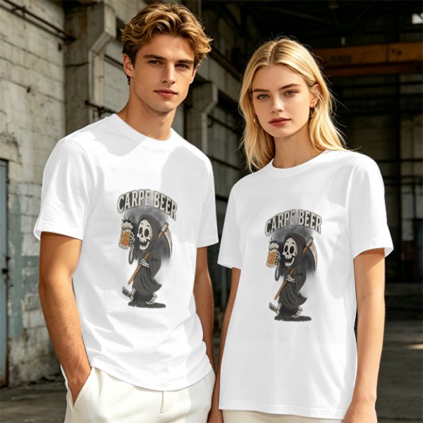 Olive green t-shirt with Carpe Beer grim reaper holding beer mug graphic