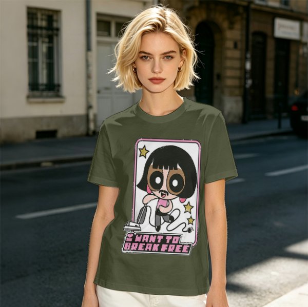 Olive green graphic t-shirt with Powerpuff-style character and 'I Want To Break Free' text