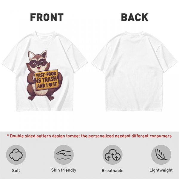 Olive t-shirt with a raccoon holding a fast food trash sign