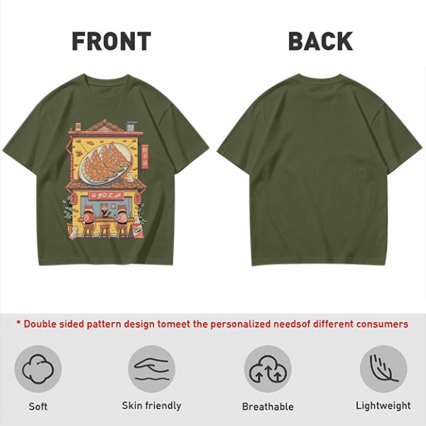 Olive T-Shirt With Cat Gyoza Restaurant Illustration