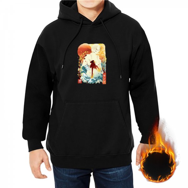 Black Hoodie With Japanese Style Sunset Wave Graphic Print