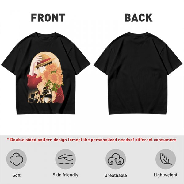 Olive anime graphic t-shirt with straw hat and sunflowers