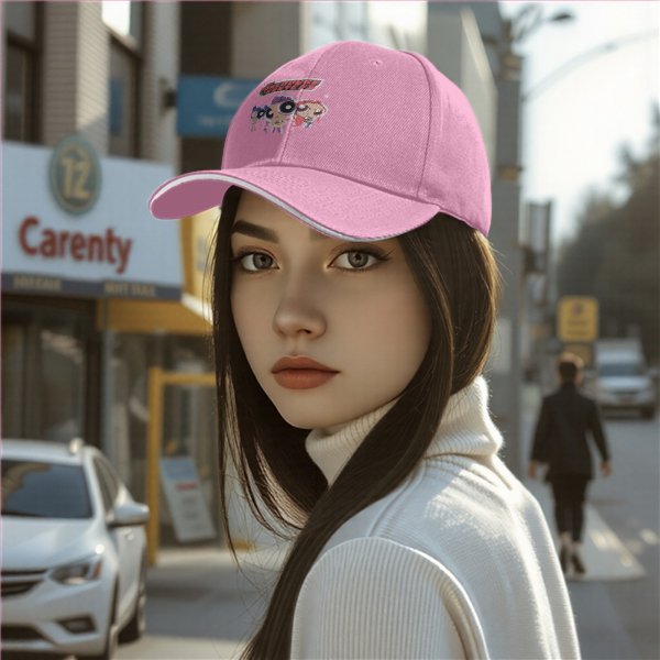 Black baseball cap with Powerpuff-style girl characters graphic