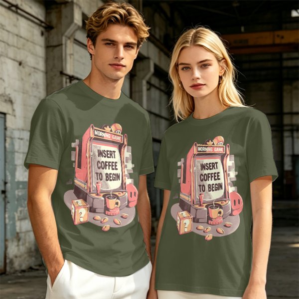 Gaming Themed T-Shirt With 'Insert Coffee To Begin' Print