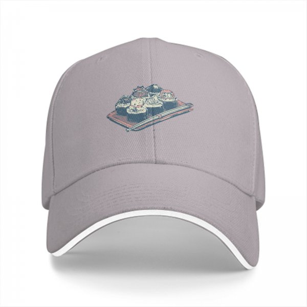 Black Baseball Cap with Sushi Tray Graphic Print