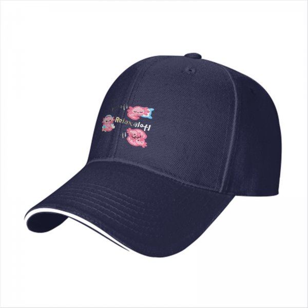 Black baseball cap with cute axolotl 'Relaxalofi' graphic design