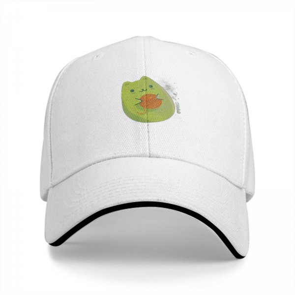 Black baseball cap with cute green cat holding orange yarn ball