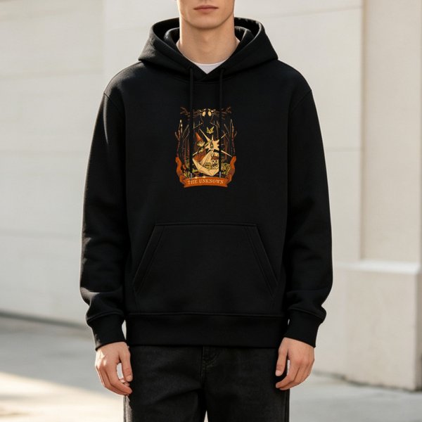 Black hoodie with 'The Unknown' forest-themed graphic print