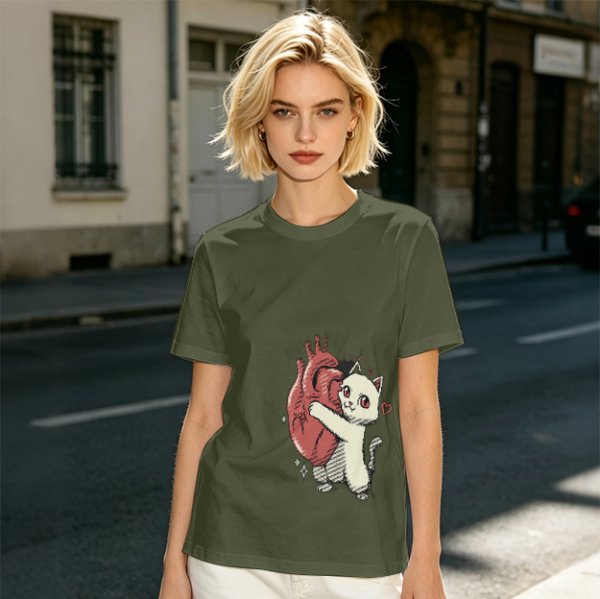 Olive T-Shirt With Cute White Cat Hugging Anatomical Heart Print