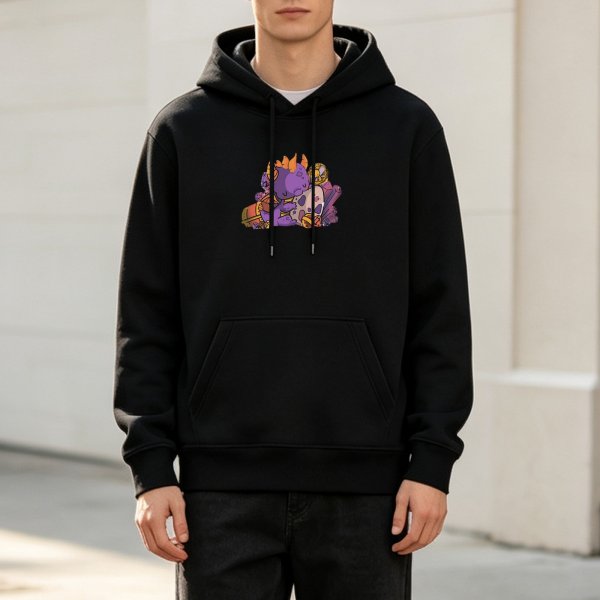 Black Hoodie With Cute Purple Dragon And Treasure Graphic