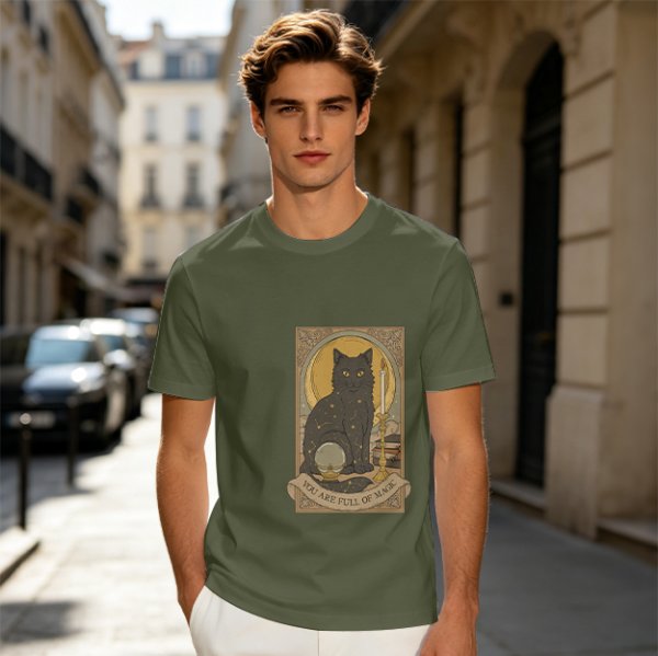 Olive T-Shirt With Black Cat Tarot Card Art That Says You Are Full Of Magic